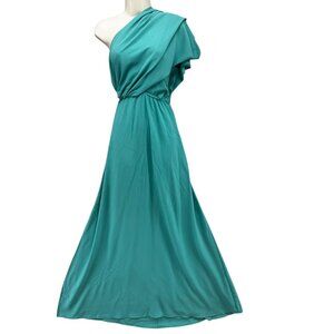 Tyche Grecian Goddess Maxi Dress Teal Draped One Shoulder Formal Gown Size L